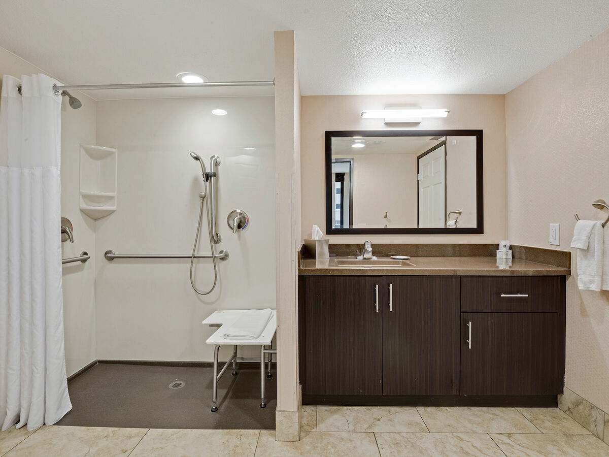 The image shows a modern bathroom with a walk-in shower and a dark wood vanity with a large mirror, sink, and countertop accessories.